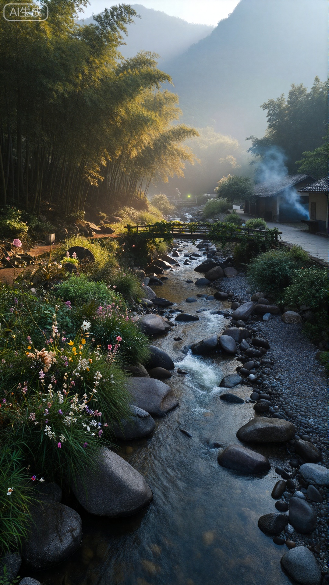 精美手机壁纸,
清晨的山间溪谷,薄雾如轻纱般漫过黛青色的山峦,阳光穿透云层,在苍翠的竹林间洒下斑驳的金辉。一条清澈的溪流从山谷深处蜿蜒而来,水底的鹅卵石清晰可见,水流撞击着岩石,泛起细碎的白沫,叮咚声在林间回荡。溪岸边长满了不知名的野花,粉白、鹅黄、淡紫点缀在翠绿的草丛中,几只彩蝶在花丛中翩跹。不远处,古朴的木桥横跨溪上,桥身爬满了青藤,桥的另一端是掩映在树荫里的青瓦小屋,袅袅炊烟顺着微风飘散,与山间的雾气融为一体,整个画面透着清新雅致的田园诗意。