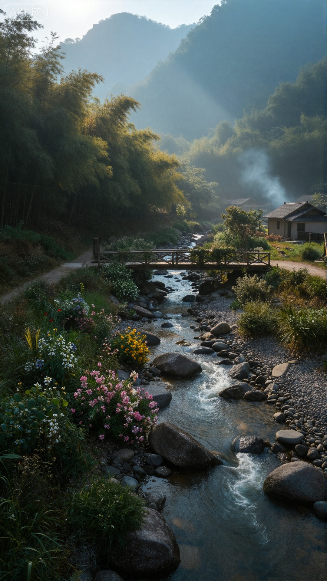 精美手机壁纸,电影构图,手机随手一拍,真实画质,
清晨的山间溪谷,薄雾如轻纱般漫过黛青色的山峦,阳光穿透云层,在苍翠的竹林间洒下斑驳的金辉。一条清澈的溪流从山谷深处蜿蜒而来,水底的鹅卵石清晰可见,水流撞击着岩石,泛起细碎的白沫,叮咚声在林间回荡。溪岸边长满了不知名的野花,粉白、鹅黄、淡紫点缀在翠绿的草丛中,几只彩蝶在花丛中翩跹。不远处,古朴的木桥横跨溪上,桥身爬满了青藤,桥的另一端是掩映在树荫里的青瓦小屋,袅袅炊烟顺着微风飘散,与山间的雾气融为一体,整个画面透着清新雅致的田园诗意。