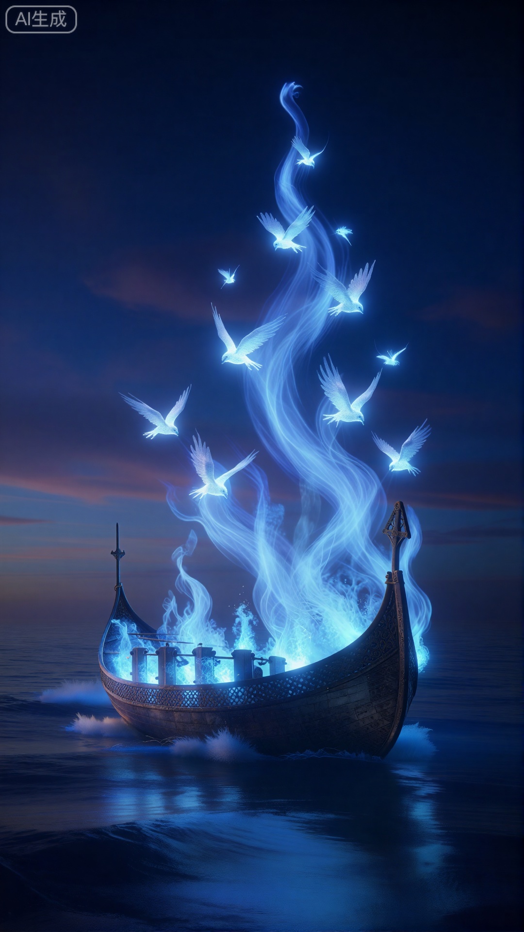 精美手机壁纸,Viking funeral ship engulfed in magical non-destructive blue flames, drifting to sea at twilight. Flames turning into birds of light ascending. Emotional, epic, fantasy illustration.