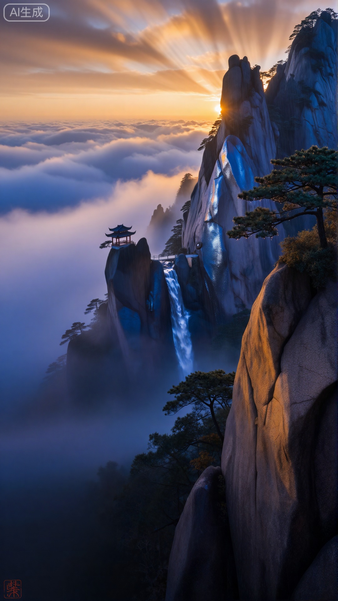精美风景壁纸,The generated landscape painting is based on the wonders of Mount Huangshan, featuring a vertical composition that showcases the grandeur of the heavens and the earth. The bottom of the painting is adorned with layers of earthy-yellow rock formations, their cracked patterns resembling the etchings of geological history over a millennium, gradually rising into azure-blue peaks that shimmer with a metallic, cold luster in the morning light. To the left of the main peak, a silvery waterfall breaks through the clouds, descending from above, and within the misty veil, a Tang-style ancient temple is faintly discernible, its red eaves jutting out from the sea of clouds, creating a Zen-like resonance with the solitary pine on the sheer cliff to the right.

The lighting design is highly dramatic: golden morning glows cascade from the upper 45° of the painting, dyeing the sea of clouds in a warm orange hue, while the valleys remain immersed in a blue-purple shadow, with the stark contrast between light and dark enhancing the volume of the mountains. The texture of the rain and mist in the midground is incredibly lifelike, with water droplets condensing on the pine needles and the slippery reflection of the rock walls captured in exquisite detail, preserving the charm of ink wash rendering while possessing the level of detail of photographic quality.

In the lower left corner of the painting, an antique seal is imprinted, its faded red color skillfully balancing the composition, although the text is no longer legible. As a whole, it presents a philosophical concept of "harmony between man and nature," yet through hyper-realistic elements such as the texture of the rocks and the play of light and shadow in the vegetation, it achieves a visual shock of "being there."