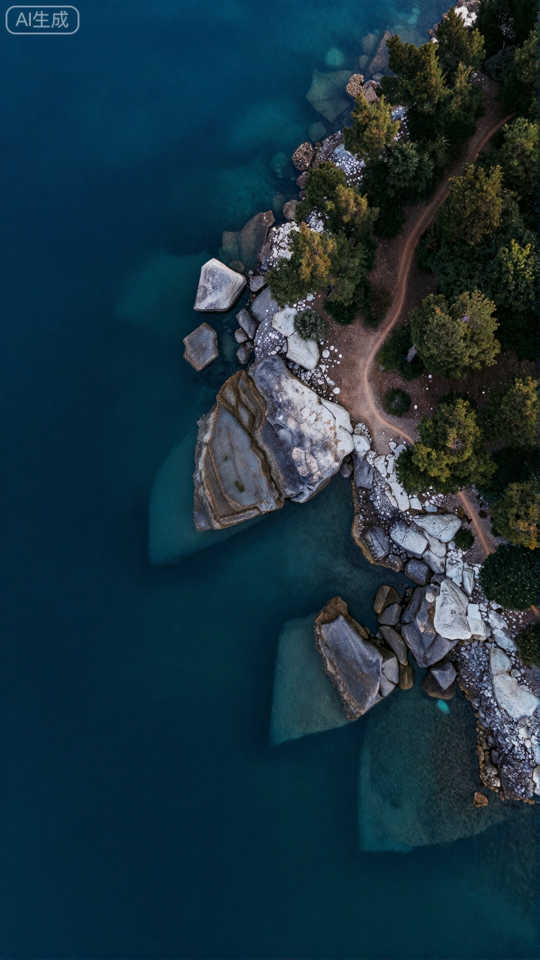 精美手机壁纸,
清晨的海岸航拍视角,澄澈如镜的海水近岸是透亮的绿松石色,随离岸渐远晕染成深邃的幽蓝,阳光穿透水面,能清晰看见水下错落的岩石。海岸线上,灰褐色岩石间散落着几处白色风化岩,像镶嵌的碎玉。岸边山坡被茂密的绿色松树覆盖,层层叠叠的枝叶织成翡翠般的森林。一条蜿蜒的黄土小径从林间穿出,顺着地势延伸至岩石海岸。阳光在海面上洒下金箔般的光斑,海风拂过,松涛与浪声交织,整个画面在蓝、绿、白的鲜明对比中,透着宁静悠远的诗意。