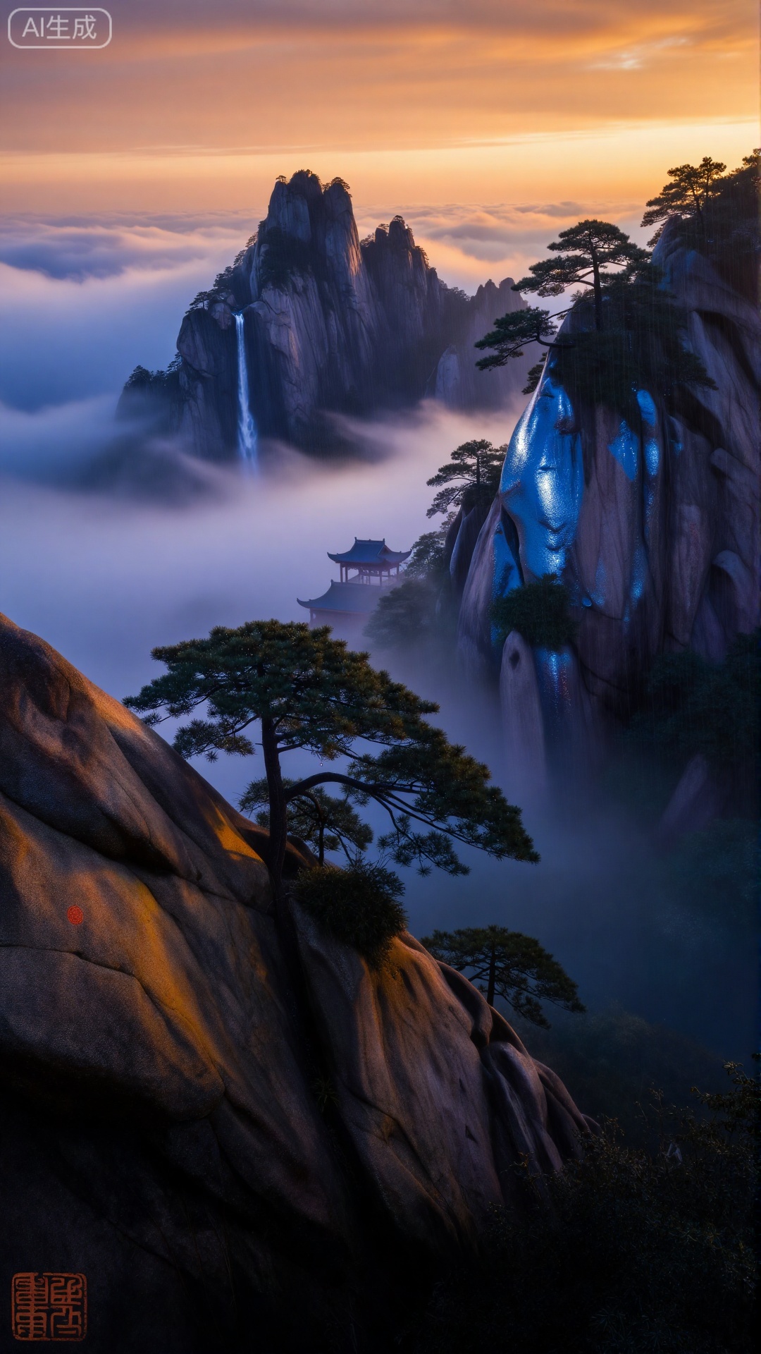 精美风景壁纸,The generated landscape painting is based on the wonders of Mount Huangshan, featuring a vertical composition that showcases the grandeur of the heavens and the earth. The bottom of the painting is adorned with layers of earthy-yellow rock formations, their cracked patterns resembling the etchings of geological history over a millennium, gradually rising into azure-blue peaks that shimmer with a metallic, cold luster in the morning light. To the left of the main peak, a silvery waterfall breaks through the clouds, descending from above, and within the misty veil, a Tang-style ancient temple is faintly discernible, its red eaves jutting out from the sea of clouds, creating a Zen-like resonance with the solitary pine on the sheer cliff to the right.

The lighting design is highly dramatic: golden morning glows cascade from the upper 45° of the painting, dyeing the sea of clouds in a warm orange hue, while the valleys remain immersed in a blue-purple shadow, with the stark contrast between light and dark enhancing the volume of the mountains. The texture of the rain and mist in the midground is incredibly lifelike, with water droplets condensing on the pine needles and the slippery reflection of the rock walls captured in exquisite detail, preserving the charm of ink wash rendering while possessing the level of detail of photographic quality.

In the lower left corner of the painting, an antique seal is imprinted, its faded red color skillfully balancing the composition, although the text is no longer legible. As a whole, it presents a philosophical concept of "harmony between man and nature," yet through hyper-realistic elements such as the texture of the rocks and the play of light and shadow in the vegetation, it achieves a visual shock of "being there."