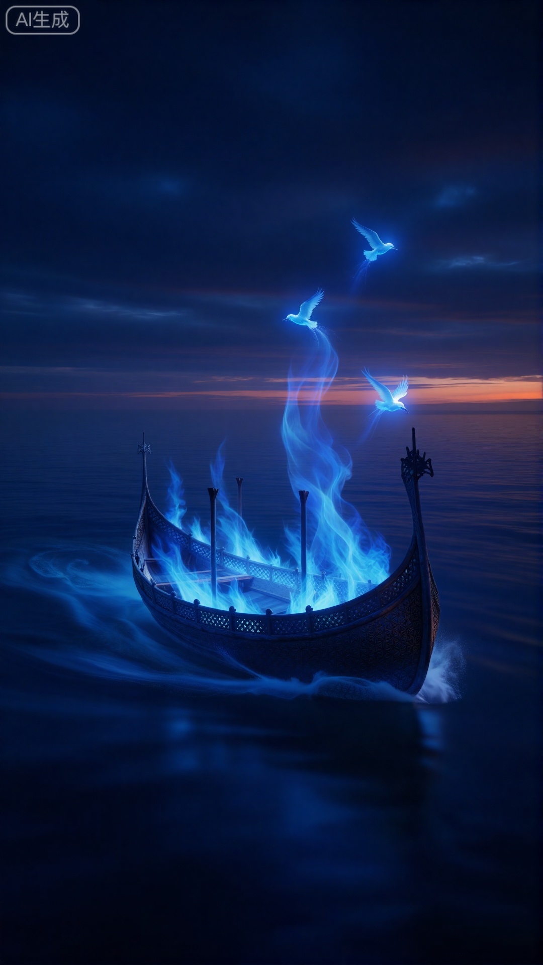 精美手机壁纸,Viking funeral ship engulfed in magical non-destructive blue flames, drifting to sea at twilight. Flames turning into birds of light ascending. Emotional, epic, fantasy illustration.
