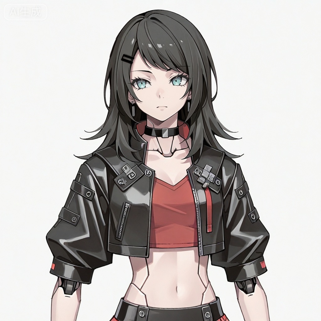 masterpiece, best quality,solo,white background,simple_background,Yahata Umiri,cybersaki_style,black hair,long hair,blue eyes,bangs,swept bangs,skirt,jewelry,jacket,earrings,choker,black jacket,red shirt,leather,leather jacket,navel,cropped jacket,android,joints,robot joints