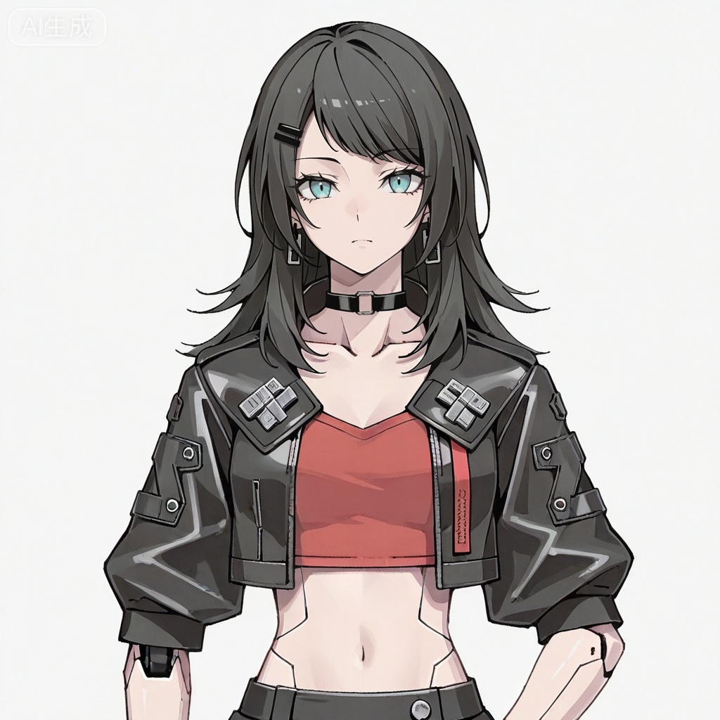 masterpiece, best quality,solo,white background,simple_background,Yahata Umiri,cybersaki_style,black hair,long hair,blue eyes,bangs,swept bangs,skirt,jewelry,jacket,earrings,choker,black jacket,red shirt,leather,leather jacket,navel,cropped jacket,android,joints,robot joints
