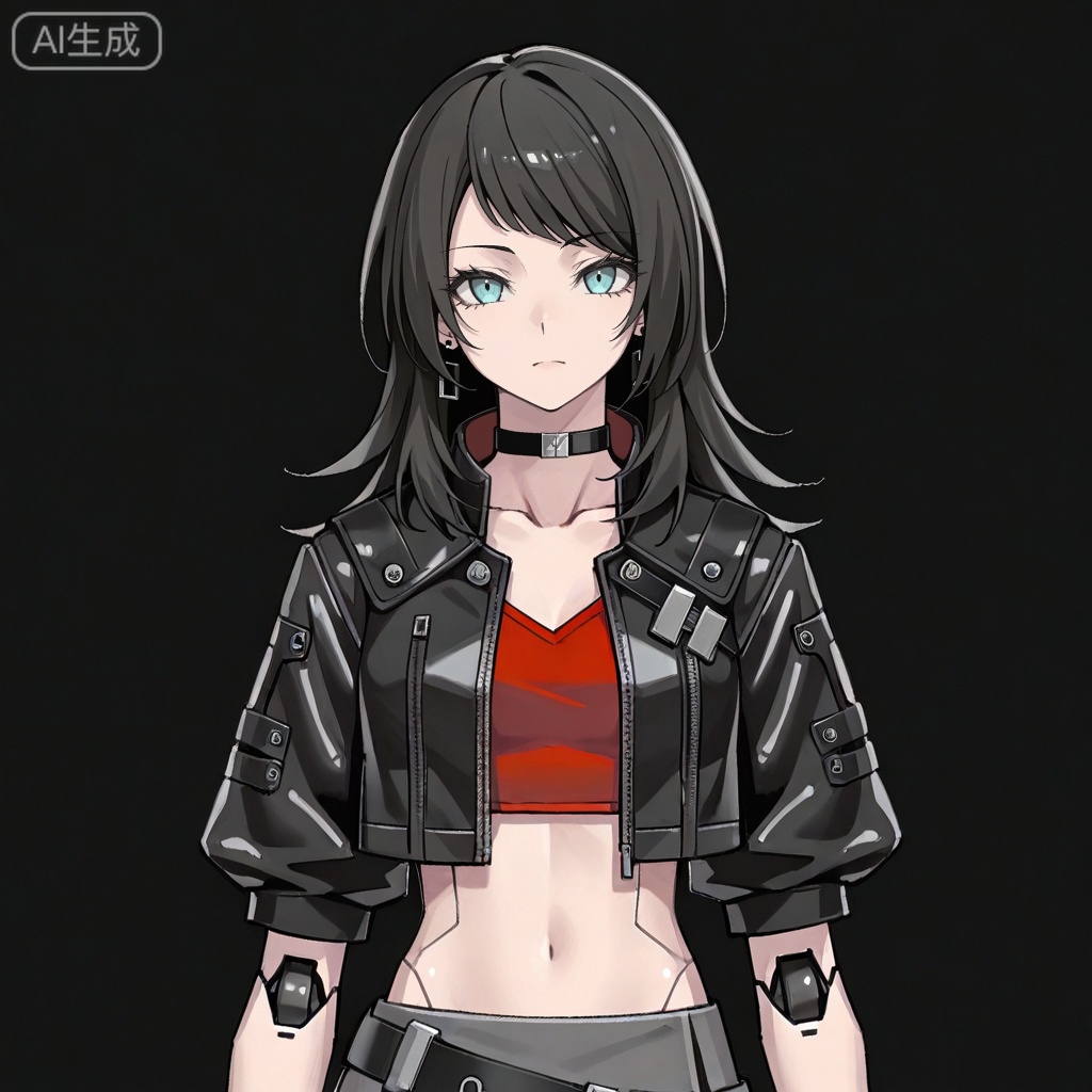 masterpiece, best quality,solo,white background,simple_background,Yahata Umiri,cybersaki_style,black hair,long hair,blue eyes,bangs,swept bangs,skirt,jewelry,jacket,earrings,choker,black jacket,red shirt,leather,leather jacket,navel,cropped jacket,android,joints,robot joints