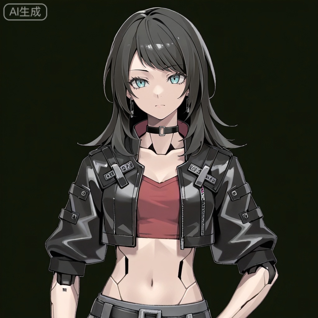 masterpiece, best quality,solo,white background,simple_background,Yahata Umiri,cybersaki_style,black hair,long hair,blue eyes,bangs,swept bangs,skirt,jewelry,jacket,earrings,choker,black jacket,red shirt,leather,leather jacket,navel,cropped jacket,android,joints,robot joints