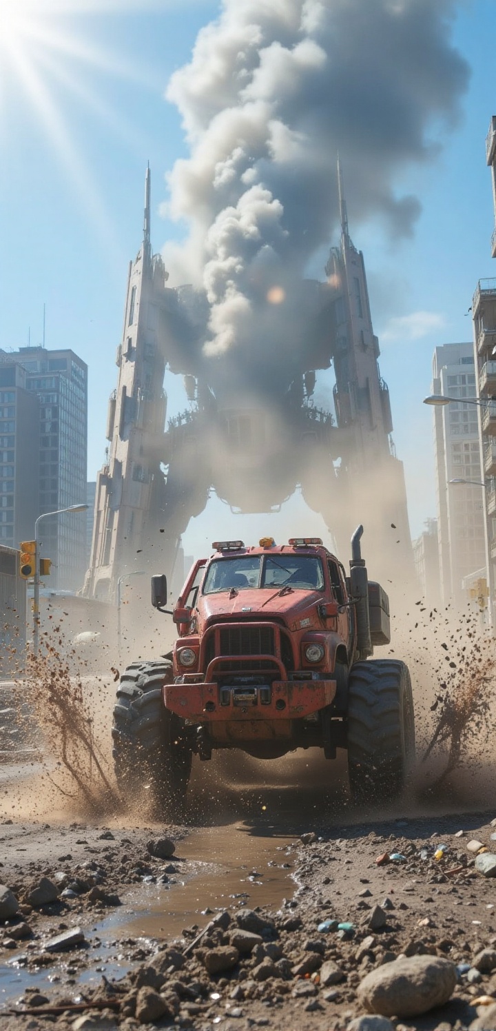Create a scene where a red,  rusted,  futuristic machinery vehicle with massive tires makes a huge splash of muddy water a...
