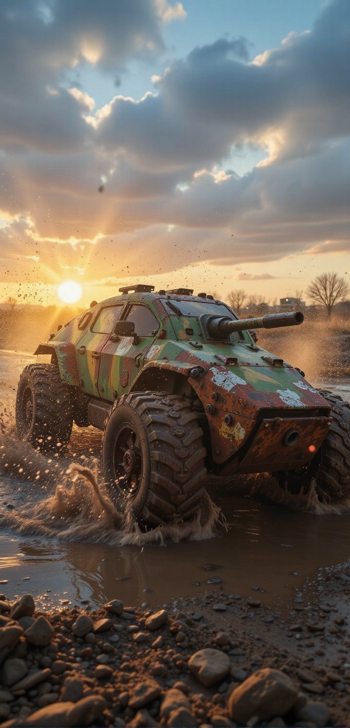 A futuristic hybrid ****-vehicle with an oversized front wheel,  splashing through a deep,  muddy wasteland. Water and mud...