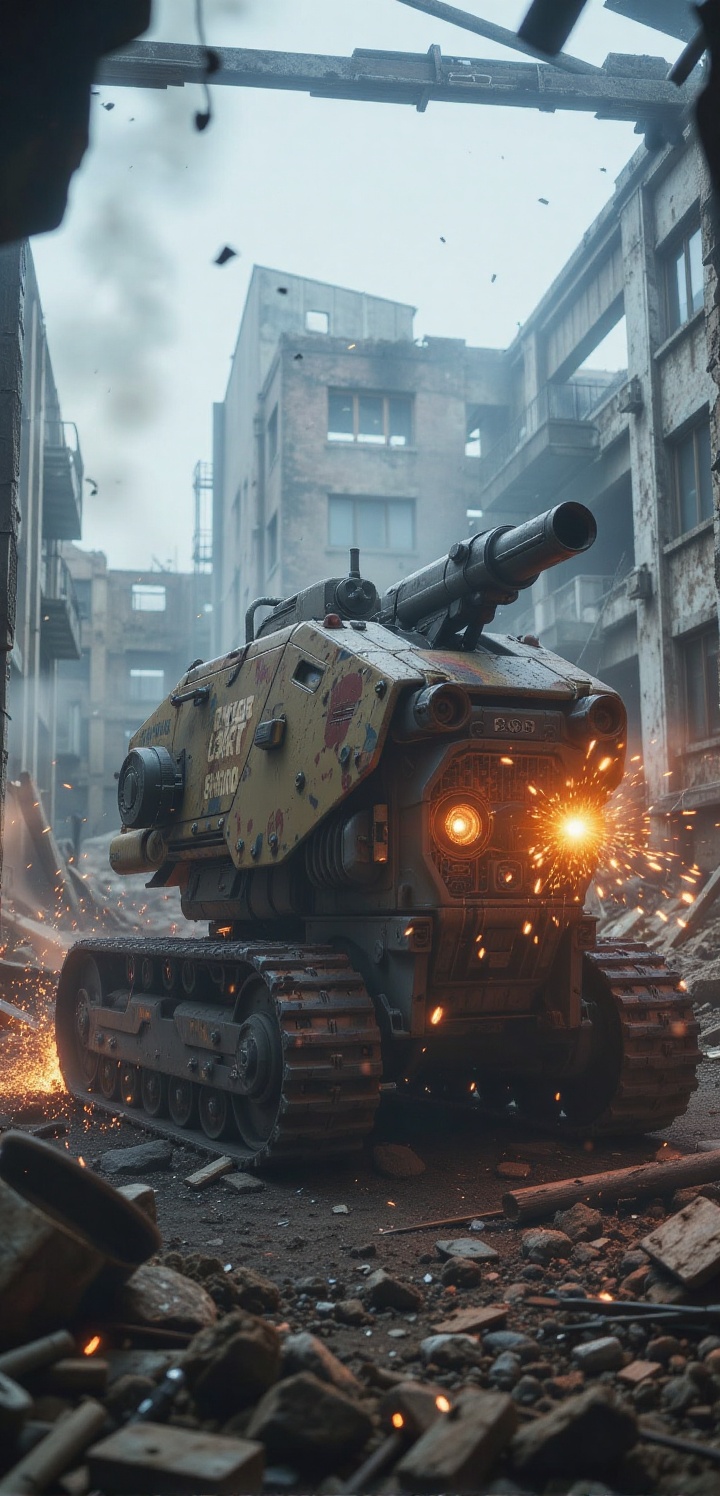 A heavy-duty assault machinery with a monowheel front and caterpillar tracks,  idling inside a collapsed building ruin. Sp...