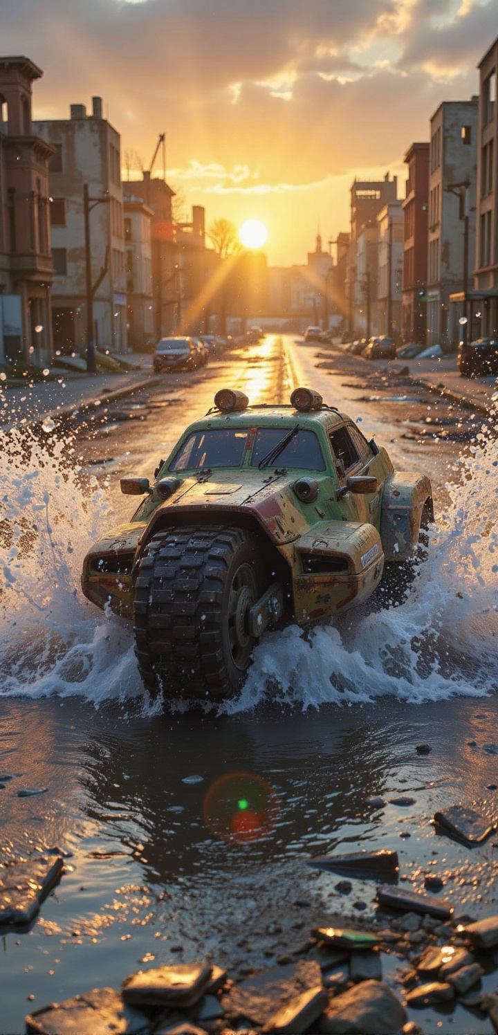 A futuristic hybrid ****-vehicle with an oversized front wheel,  splashing through a flooded street surrounded by decaying...