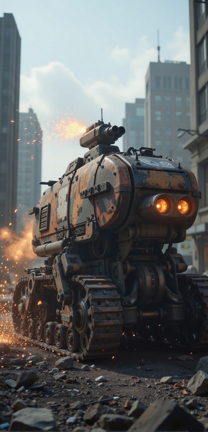 A heavy-duty mecha-vehicle with a monowheel front and caterpillar tracks,  idling in a destroyed city. Sparks and embers (...