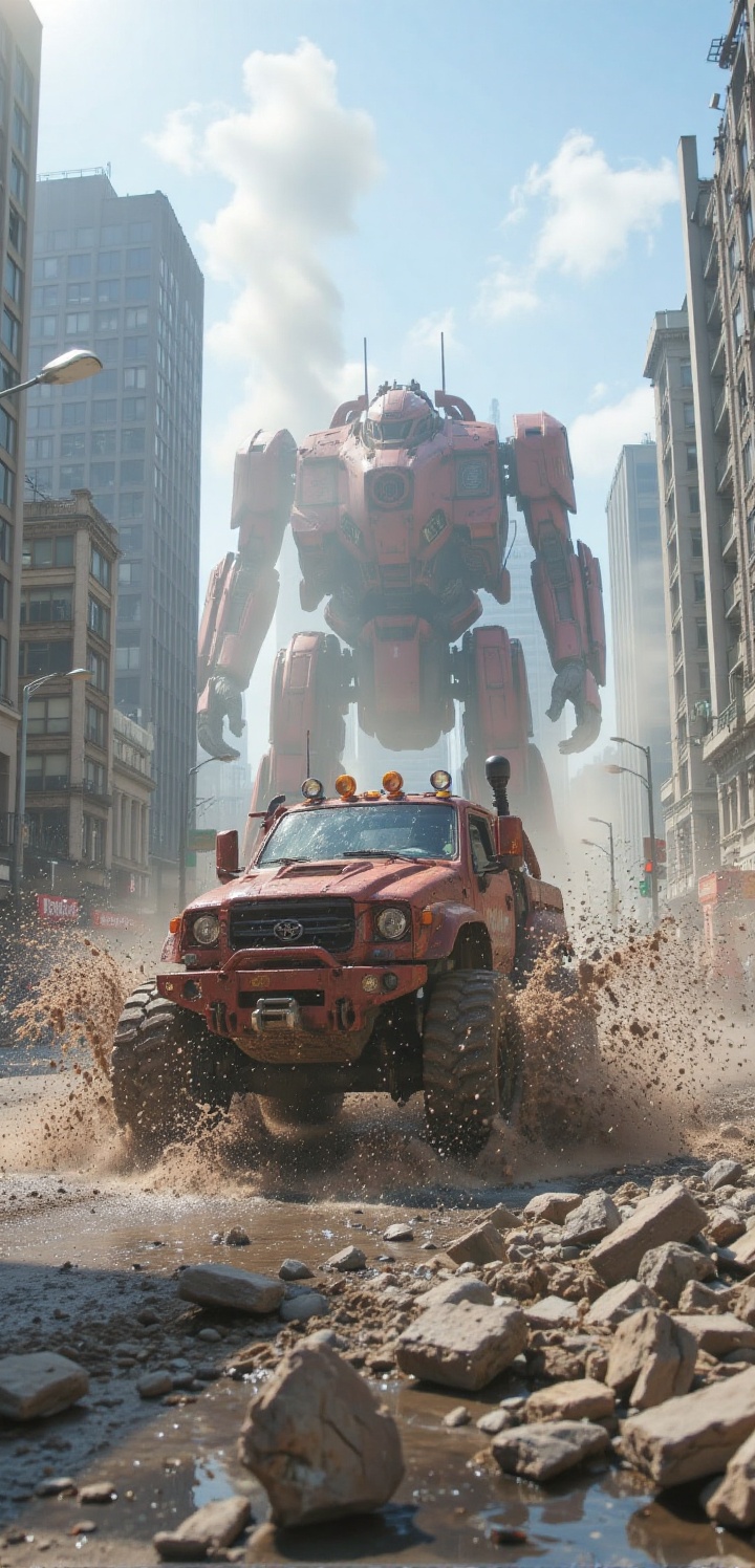 Create a scene where a red,  rusted,  futuristic machinery vehicle with massive tires makes a huge splash of muddy water a...