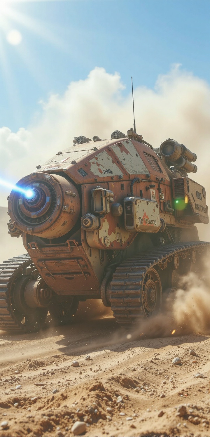 A massive post-apocalyptic combat vehicle with a giant front monowheel and heavy rear **** treads,  tearing through a dese...
