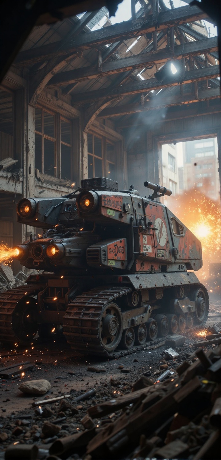 A heavy-duty mecha-vehicle with a monowheel front and caterpillar tracks,  idling inside a collapsed building ruin. Sparks...