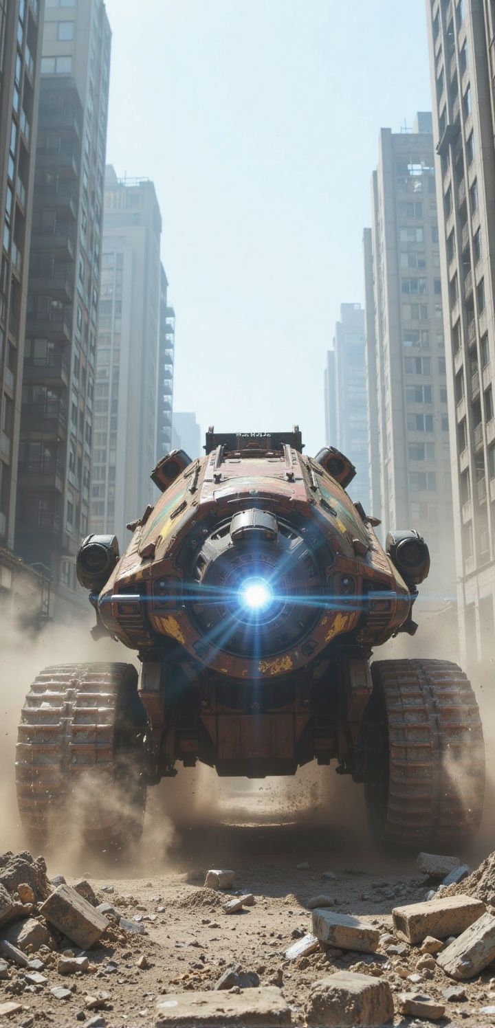 A massive combat vehicle with a giant front monowheel and heavy rear **** treads,  navigating through towering city ruins....