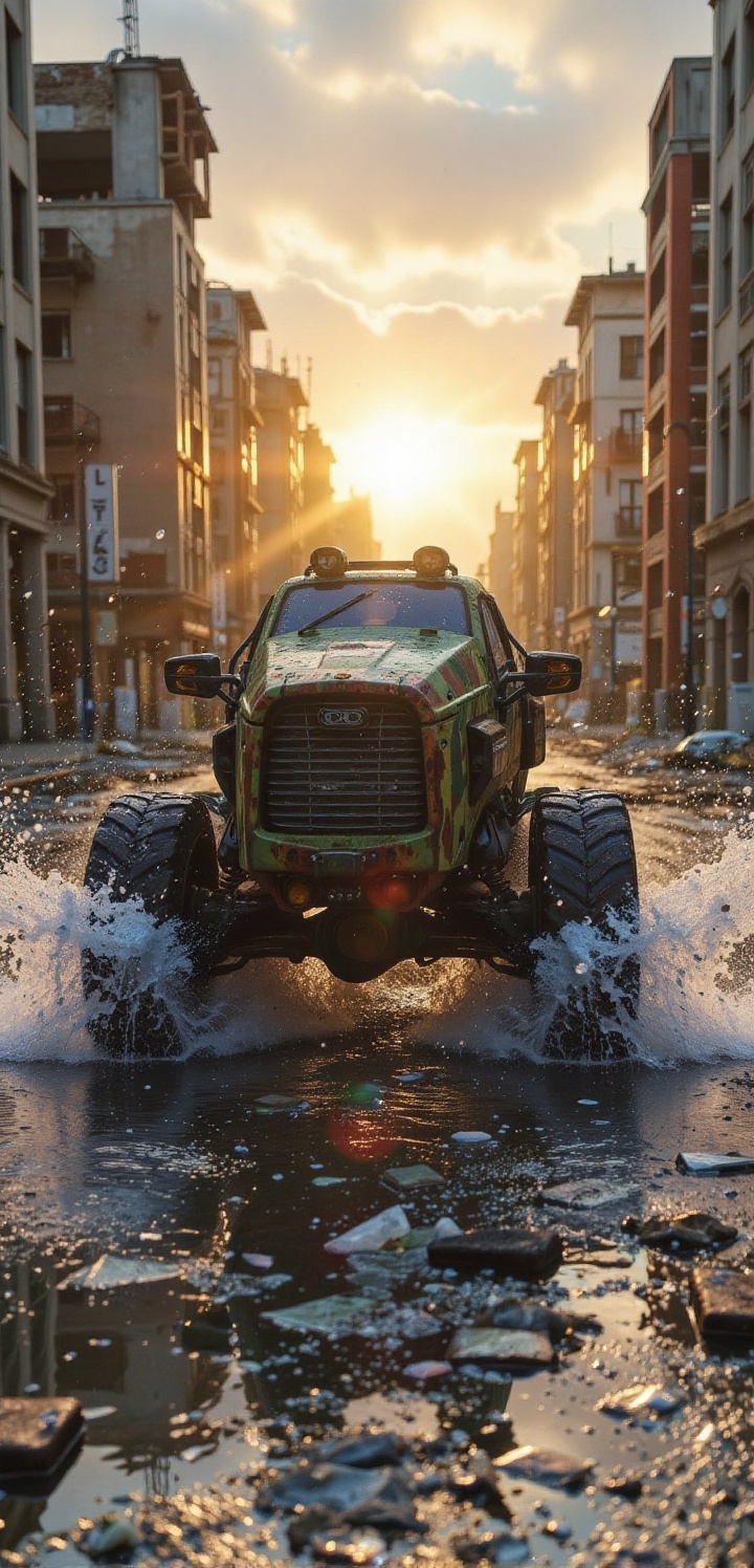 A futuristic hybrid heavy machinery with an oversized front wheel,  splashing through a flooded street surrounded by decay...