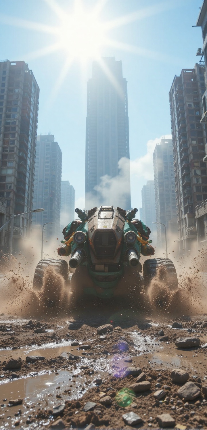 Create a cinematic scene where a massive,  cyan-rusted futuristic machinery vehicle with massive cannons and colossal tyre...