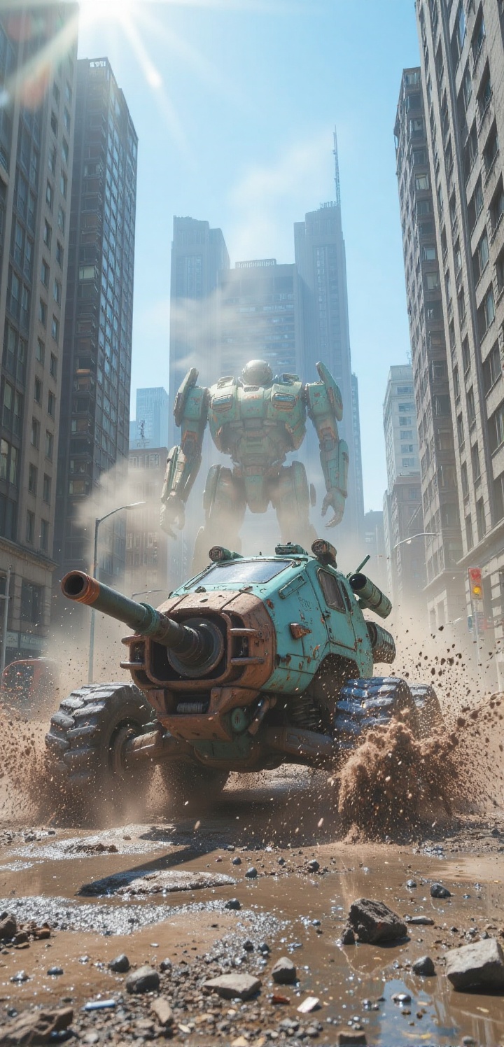 Create a scene where a cyan,  rusted,  futuristic machinery vehicle with massive cannons and enormous tires makes a huge s...