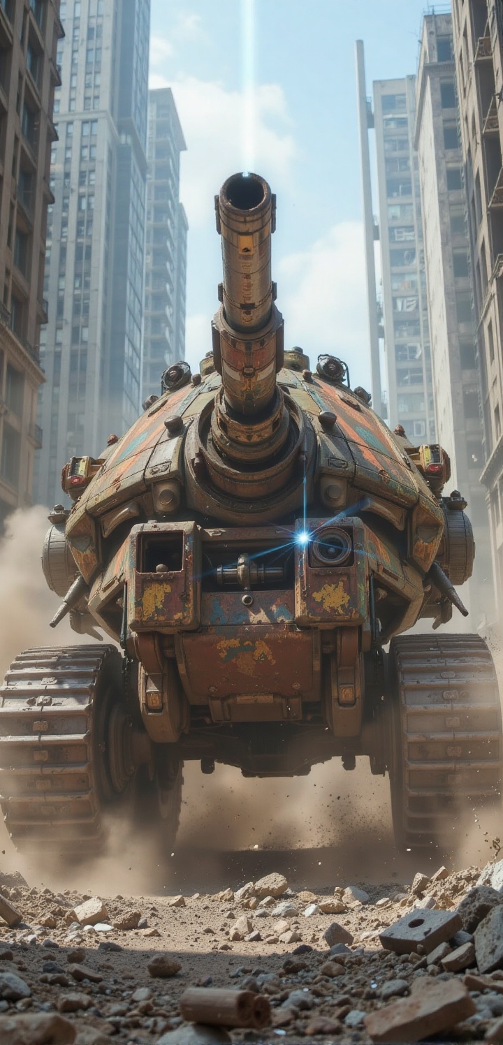 A massive combat vehicle with a giant front monowheel and heavy rear **** treads,  navigating through towering city ruins....