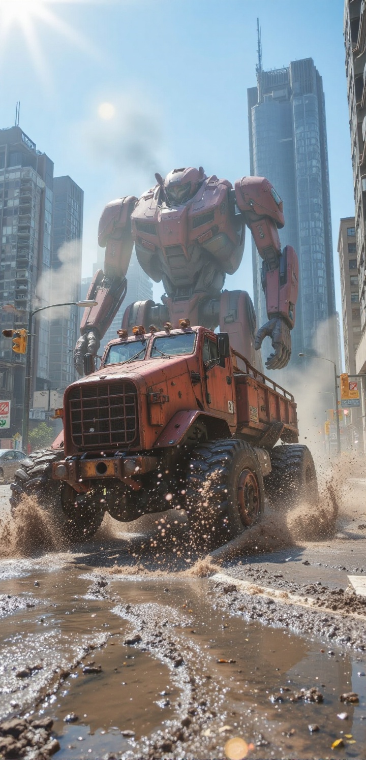 Create a scene where a red,  rusted,  futuristic machinery vehicle with massive tires makes a huge splash of muddy water a...