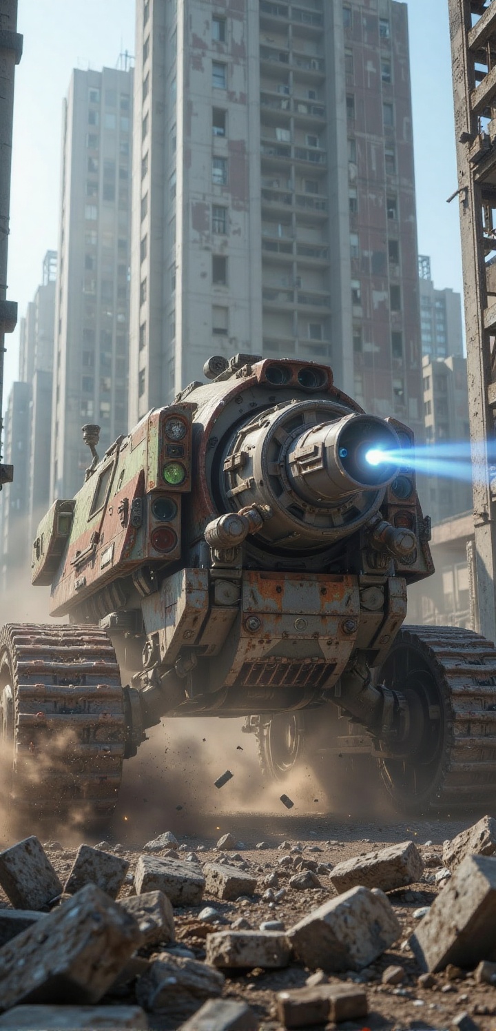 The City Ruins Charger A massive combat machinery with a giant front monowheel and heavy rear treads,  navigating through...