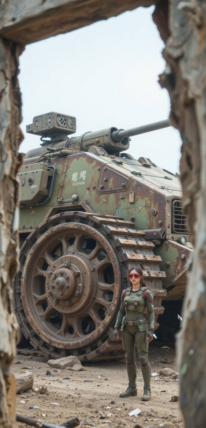 A cinematic shot framed through a jagged,  broken concrete archway. The focus is a massive,  decaying combat vehicle with...