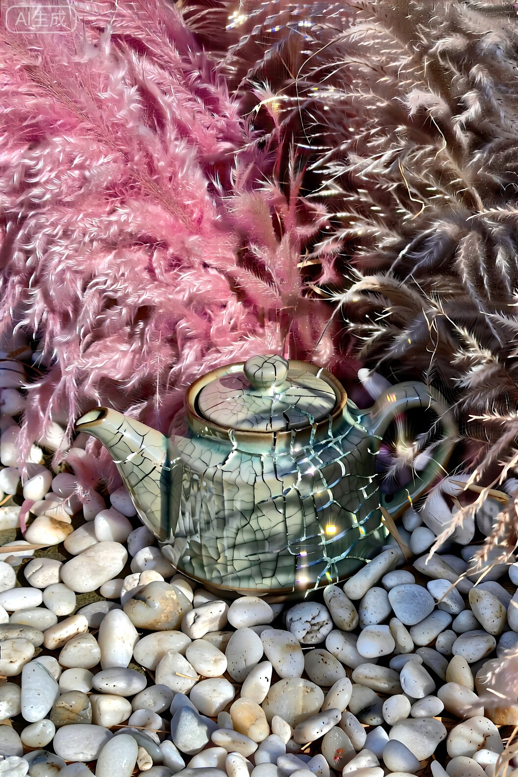 一个布满裂纹的陶瓷方形茶壶特写,茶壶放在芦苇中。玻璃的裂纹反射着阳光,少量的光点。芦苇一一半是粉色,一半是灰色,柔软而蓬松。白色的圆润小石子散落。上世纪八十年代的质感,柔和的色调,电影级打光,静物摄影,高清8K,真实纹理。