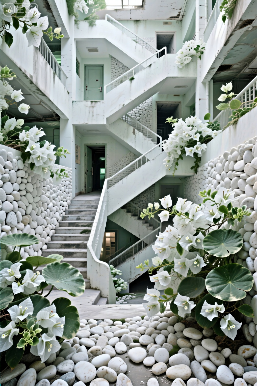一个废弃的商场里,纵横交错的楼梯连接起上方的门和地下室的入口。白色三角梅生长在每个角落,使整个空间如同花园。白色的鹅卵石装饰着墙壁,巨大的,富有层次感的圆形叶片生长在鹅卵石旁。超现实,电影级打光,白色绿色调,色彩柔和,低对比,奇幻,摄影,高清8k画质,真实细节