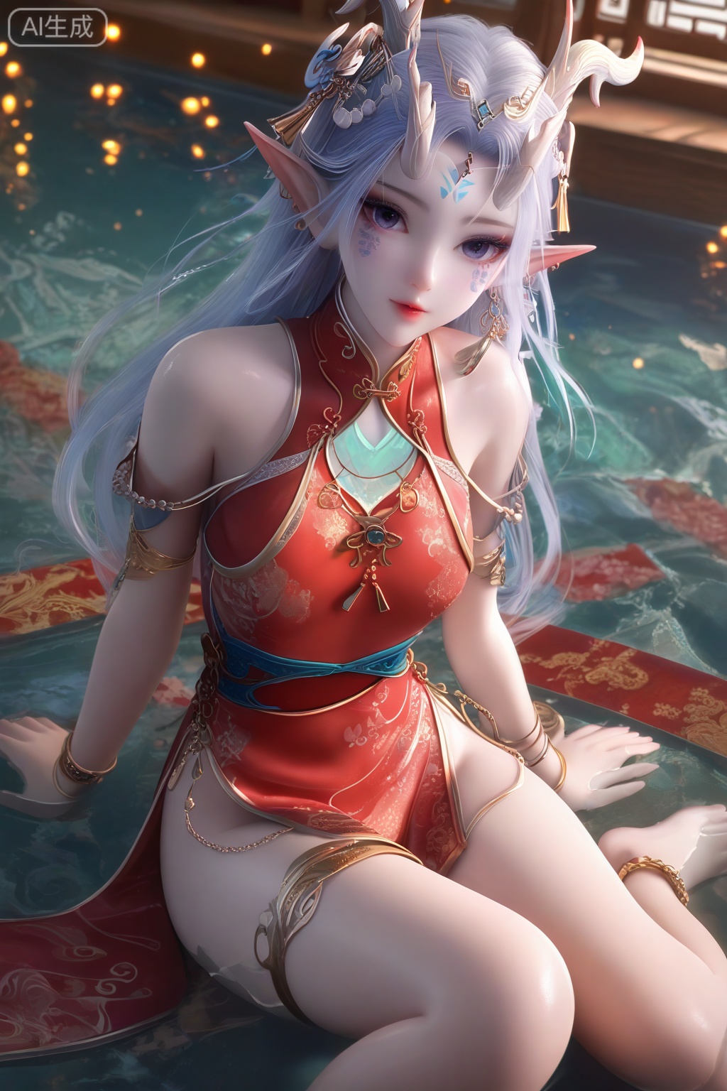 masterpiece, best quality, masterpiece,best quality,official art,extremely detailed CG unity 8k wallpaper,1girl,solo,long hair,looking at viewer,hair ornament,jewelry,blue hair,white hair,earrings,horns,pointy ears,dragon horns,elf,facial mark,forehead mark,facial scales,bracelet,gem,indoors,solo focus,barefoot,lying,water,against wall,anklet,(chinese clothes),(china dress:1.3),tassel,fringe trim,(red dress:1.15),white dress,bare shoulders,off shoulder,shiny skin,white skin,upper body