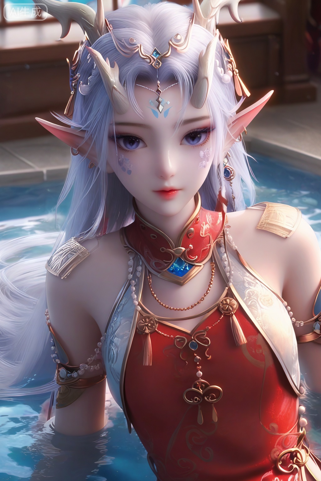 masterpiece, best quality, masterpiece,best quality,official art,extremely detailed CG unity 8k wallpaper,1girl,solo,long hair,looking at viewer,hair ornament,jewelry,blue hair,white hair,earrings,horns,pointy ears,dragon horns,elf,facial mark,forehead mark,facial scales,bracelet,gem,indoors,solo focus,lying,water,(chinese clothes),(china dress:1.3),tassel,fringe trim,(red dress:1.15),white dress,bare shoulders,off shoulder,shiny skin,white skin,upper body