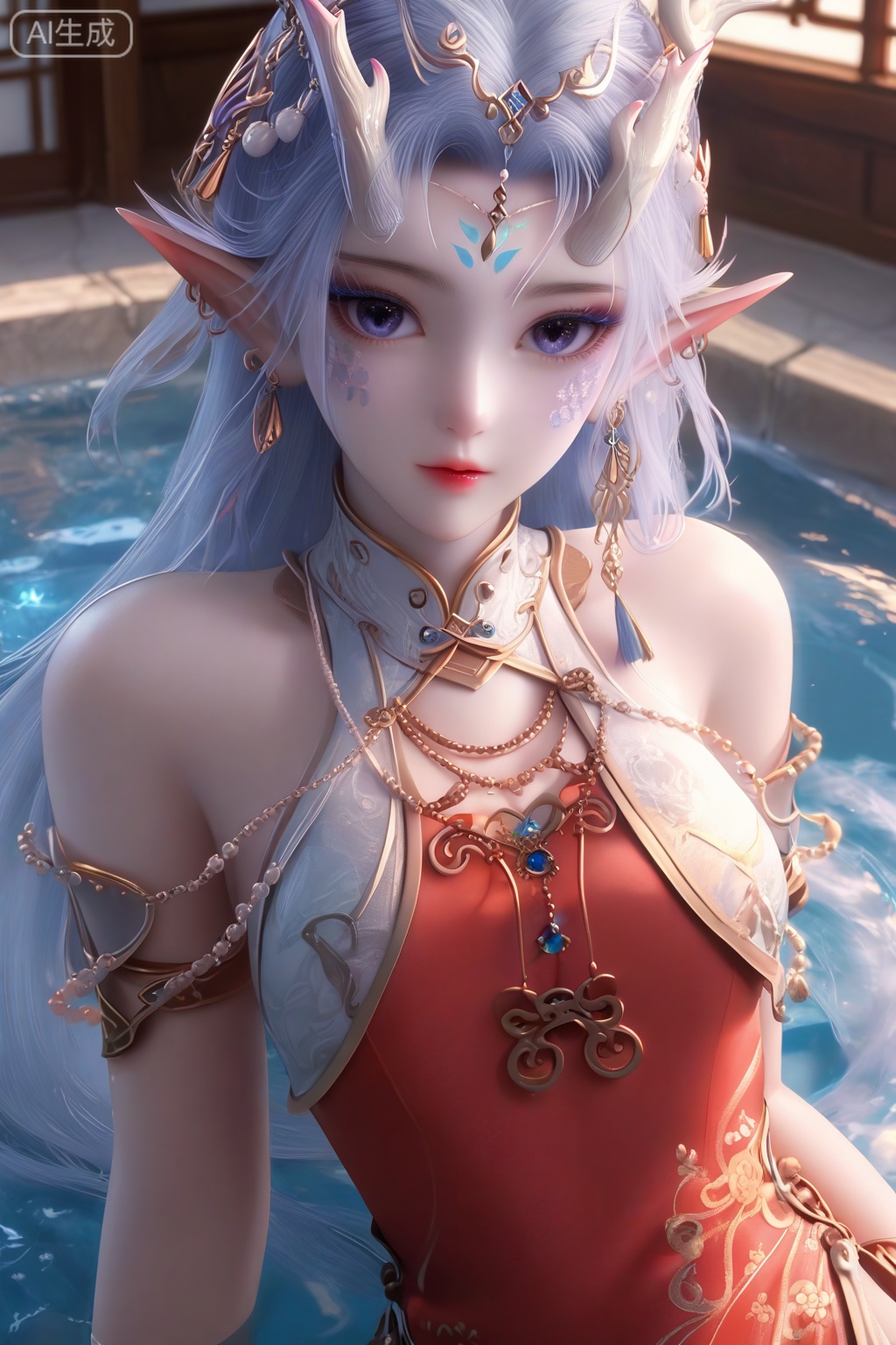 masterpiece, best quality, masterpiece,best quality,official art,extremely detailed CG unity 8k wallpaper,1girl,solo,long hair,looking at viewer,hair ornament,jewelry,blue hair,white hair,earrings,horns,pointy ears,dragon horns,elf,facial mark,forehead mark,facial scales,bracelet,gem,indoors,solo focus,lying,water,(chinese clothes),(china dress:1.3),tassel,fringe trim,(red dress:1.15),white dress,bare shoulders,off shoulder,shiny skin,white skin,upper body