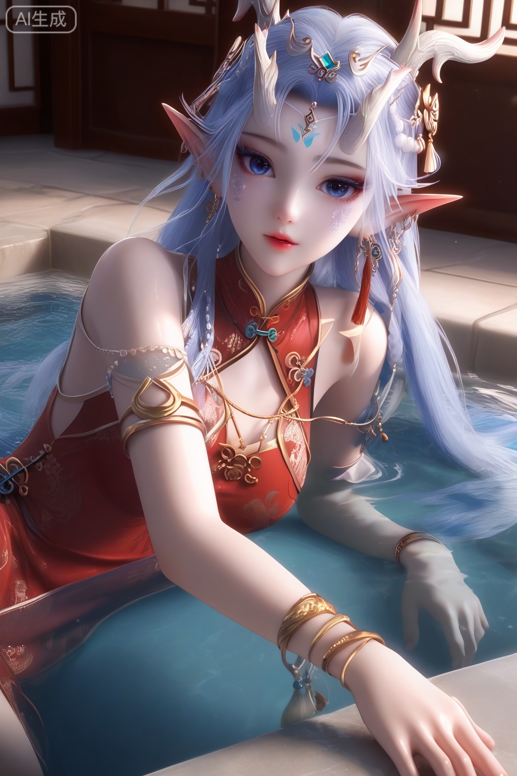 masterpiece, best quality, masterpiece,best quality,official art,extremely detailed CG unity 8k wallpaper,1girl,solo,long hair,looking at viewer,hair ornament,jewelry,blue hair,white hair,earrings,horns,pointy ears,dragon horns,elf,facial mark,forehead mark,facial scales,bracelet,gem,indoors,solo focus,barefoot,lying,water,against wall,anklet,(chinese clothes),(china dress:1.3),tassel,fringe trim,(red dress:1.15),white dress,bare shoulders,off shoulder,shiny skin,white skin,upper body