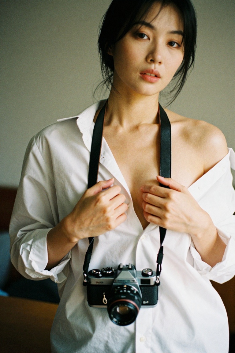 An East Asian woman is captured in a mid-shot,  wearing a white masculine-style dress shirt that is unbuttoned and falling...