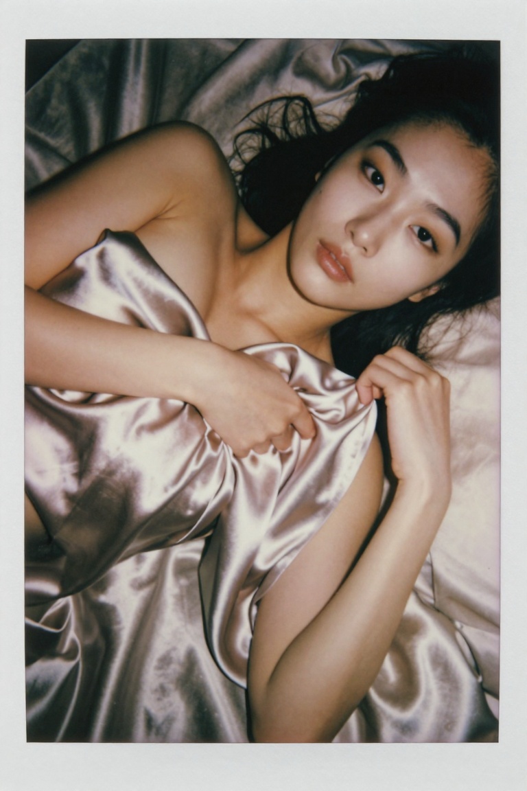 A close-up shot of an East Asian woman lying on her side on a satin sheet. She wears a silk robe that has fallen open; she...