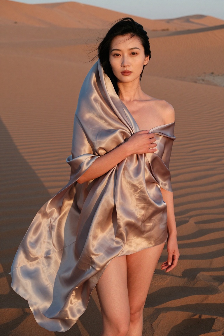 An East Asian woman stands in a desert landscape,  wearing a sheer,  flowing silk shawl. She is topless on Tensor.Art