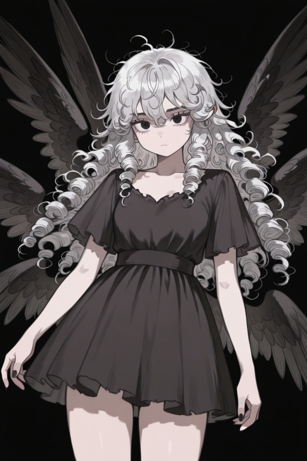 art_Khui,1girl,messy hair,curly hair,long hair,black dress,cowboy shot,tighthighs,6wings,black wings,black background,