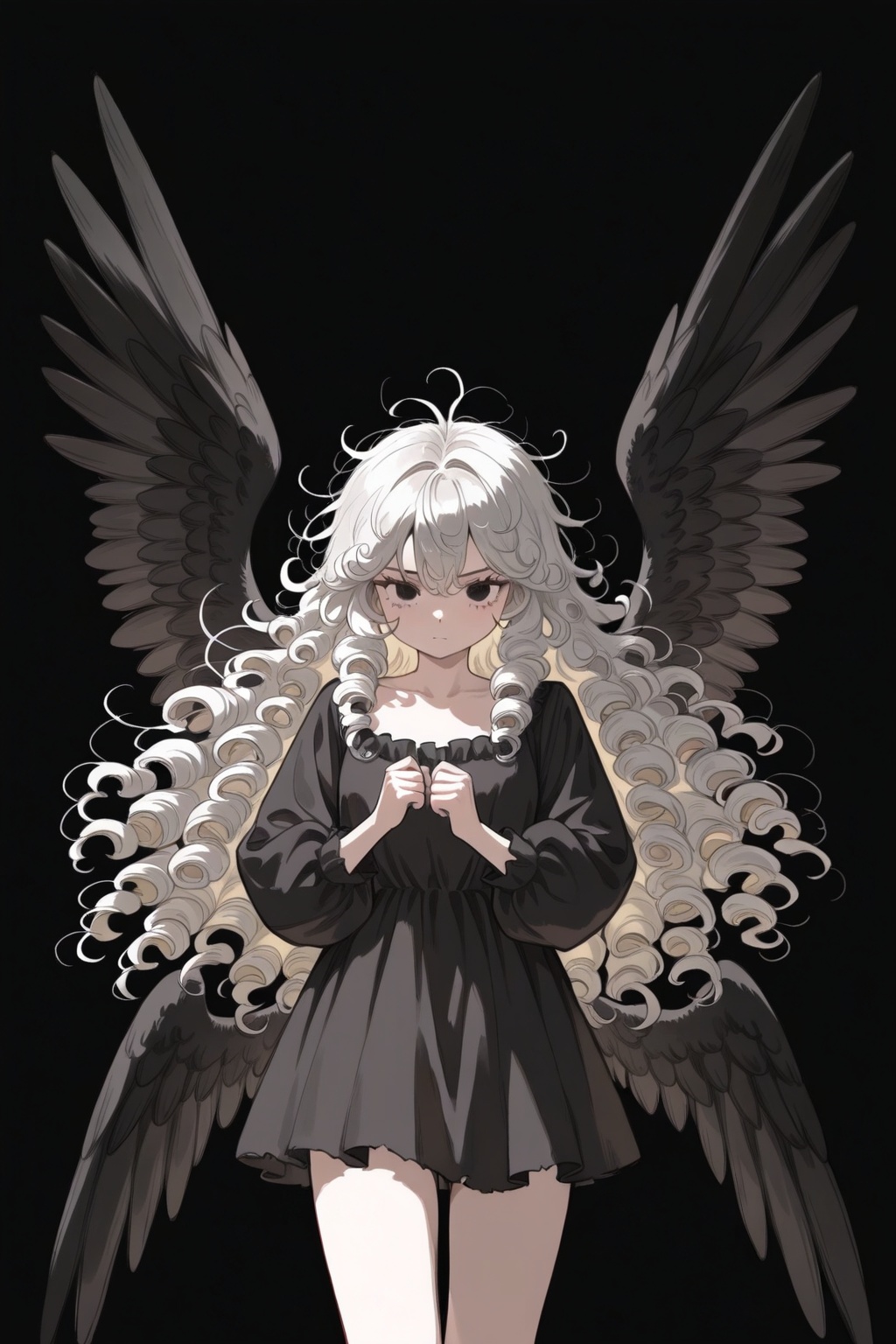 art_Khui,1girl,messy hair,curly hair,long hair,black dress,cowboy shot,tighthighs,6wings,black wings,black background,