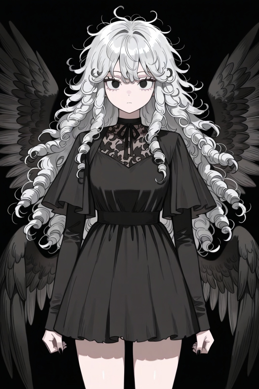 art_Khui,1girl,messy hair,curly hair,long hair,black dress,cowboy shot,tighthighs,6wings,black wings,black background,