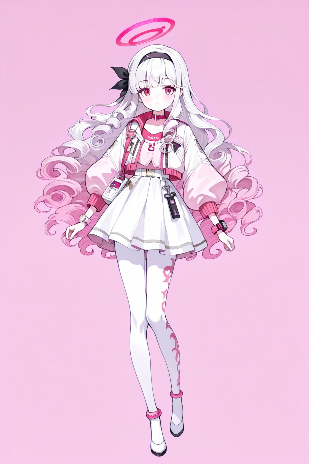 art_Khui,1girl,solo,white hair,pink gradient hair,curly hair,long hair,light red eyes,light red halo,pink and white jacket,light pink shirt,white short skirt,white_pantyhose,pink watch,pink collar,pink leg ring,full body,black headband,