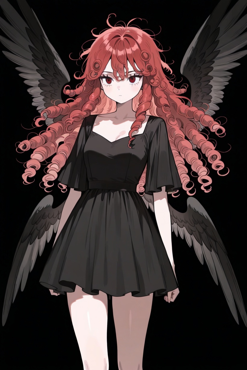 art_Khui,1girl,messy hair,curly hair,long hair,black dress,cowboy shot,tighthighs,6wings,black wings,black background,