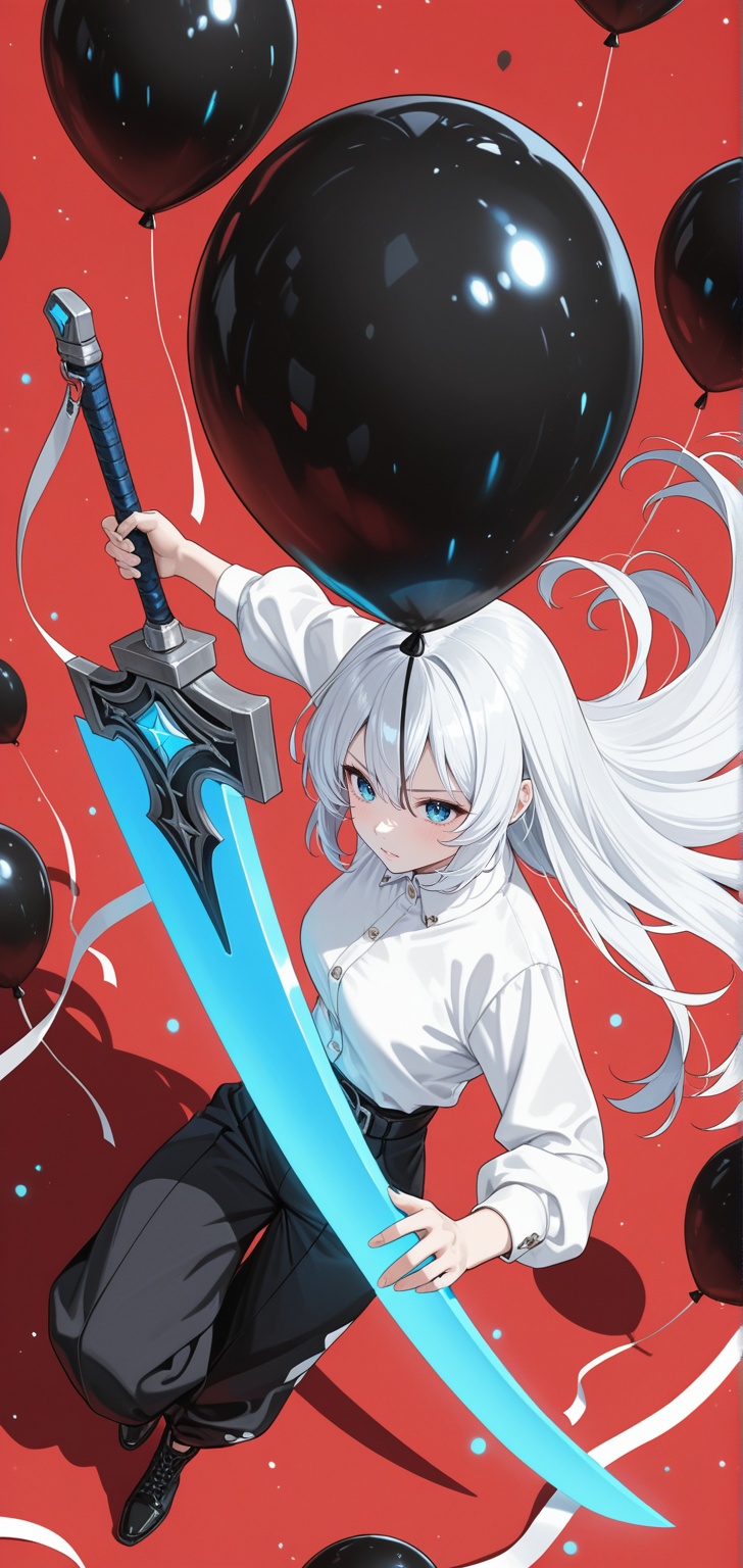 female anime character in black balloon trousers,  white top,  holding a gigantic sword on Tensor.Art