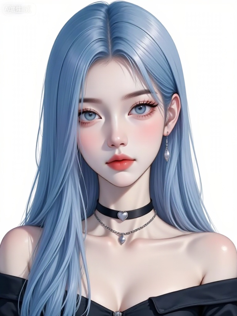 WJ_lihui,1girl, solo, jewelry, long hair, choker, looking at viewer, earrings, breasts, bare shoulders, necklace, white background, blue hair, off shoulder, blue eyes, simple background, upper body, heart, black choker, collarbone, shirt, closed mouth, black shirt, lips, cleavage, artist name, zipper, eyelashes, red lips
