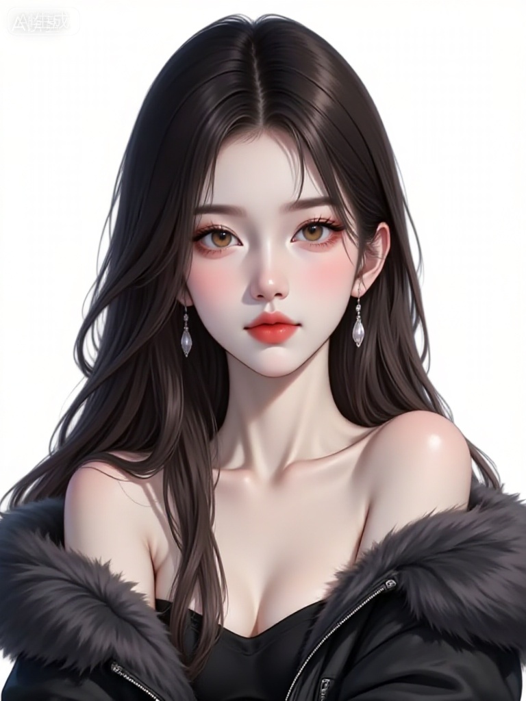 WJ_lihui,1girl, solo, earrings, jewelry, long hair, breasts, looking at viewer, brown eyes, white background, jacket, bare shoulders, upper body, simple background, cleavage, black jacket, strapless, collarbone, red lips, closed mouth, fur trim, brown hair, medium breasts, off shoulder, artist name, fur-trimmed jacket, shirt, open jacket, black hair, bangs, lips