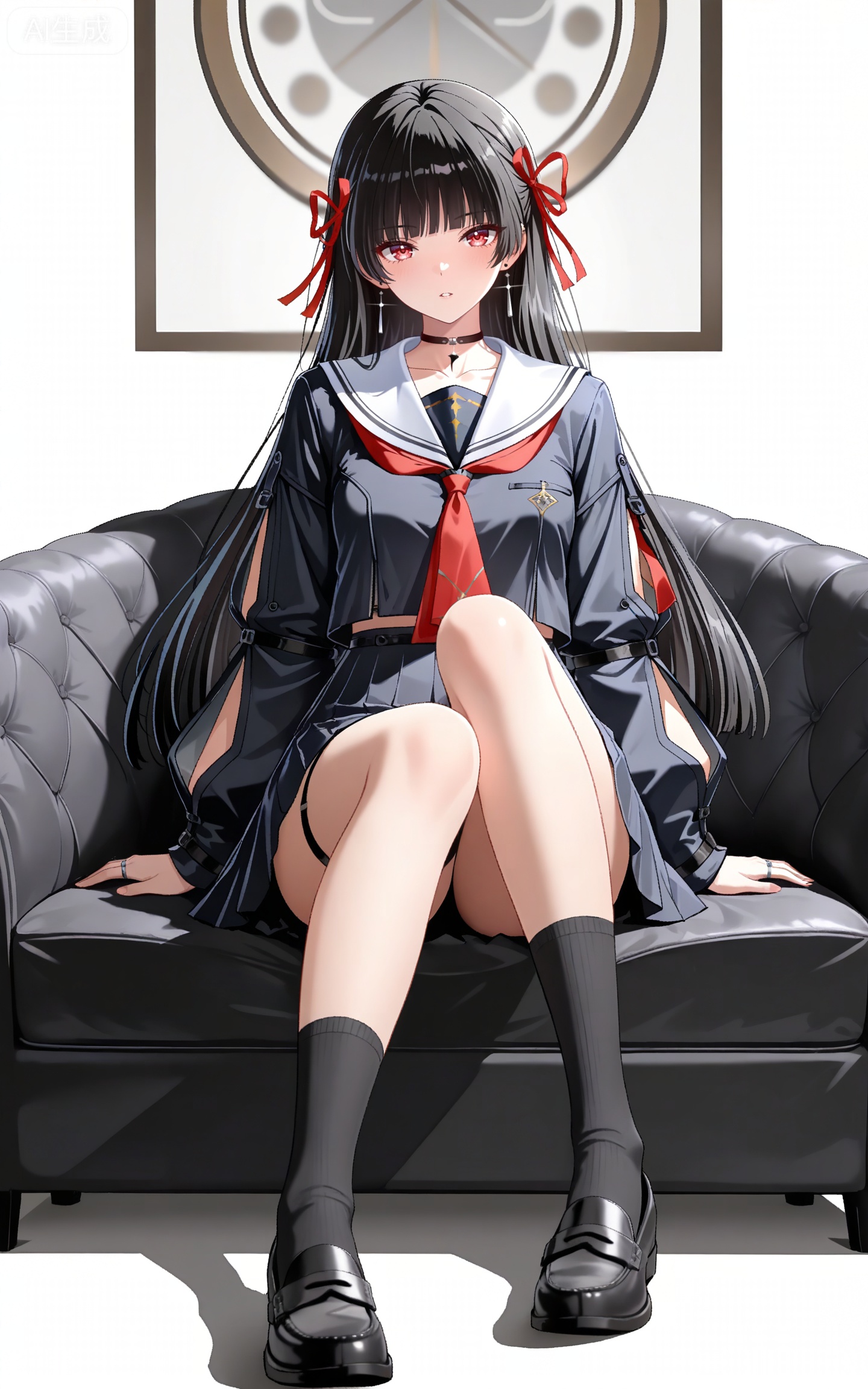 depth of field,masterpiece,best quality,very aesthetic,alternate costume,alternate costume,2024,2023,perfect composition,ultra-detailed,extreme aesthetic,masterpiece,best quality,good quality,newest,year 2024,year 2023,very aesthetic,absurdres,looking_at_viewer,colorful,
qianxiao black jacket, qianxiao black choker, qiaoxiao black serafuku, qianxiao black socks, qianxiao black miniskirt, qianxiao white sailor collar, qianxiao loafers, qianxiao pleated skirt, red neckerchief, red ribbon, white sailor collar, thigh strap, black hair, long hair, red eyes, blunt bangs, hime cut, 1girl, solo, full body, hair ribbon, earrings, looking at viewer, black footwear, jewelry, white background, long sleeves, simple background, neckerchief, parted lips, bare legs, collarbone, breasts,sitting,indoors,couch