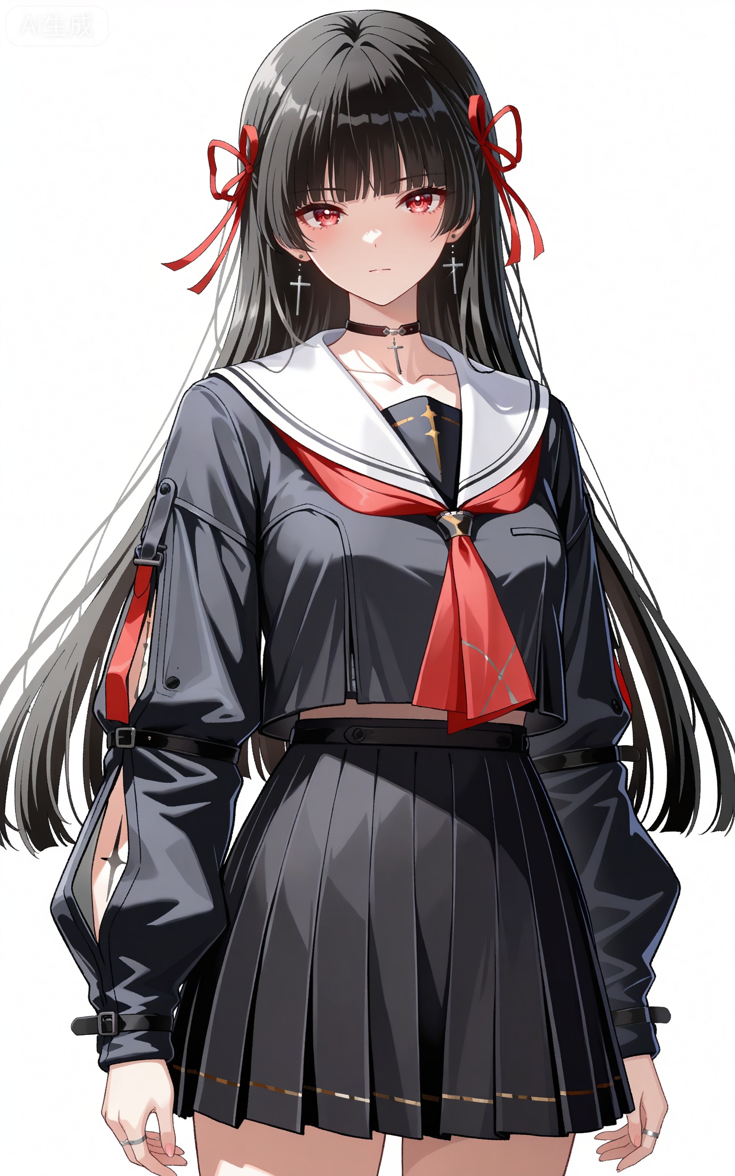 depth of field,masterpiece,best quality,very aesthetic,alternate costume,alternate costume,2024,2023,perfect composition,ultra-detailed,extreme aesthetic,masterpiece,best quality,good quality,newest,year 2024,year 2023,very aesthetic,absurdres,looking_at_viewer,colorful,
qianxiao black jacket, qianxiao black choker, qiaoxiao black serafuku,  qianxiao black miniskirt, qianxiao white sailor collar, qianxiao pleated skirt, red neckerchief, red ribbon, white sailor collar, black hair, long hair, red eyes, blunt bangs, hime cut, 1girl, solo, long hair, hair ribbon, cross, looking at viewer, ribbon, jewelry, earrings, white background, simple background, cross earrings, red ribbon, long sleeves, closed mouth, collarbone