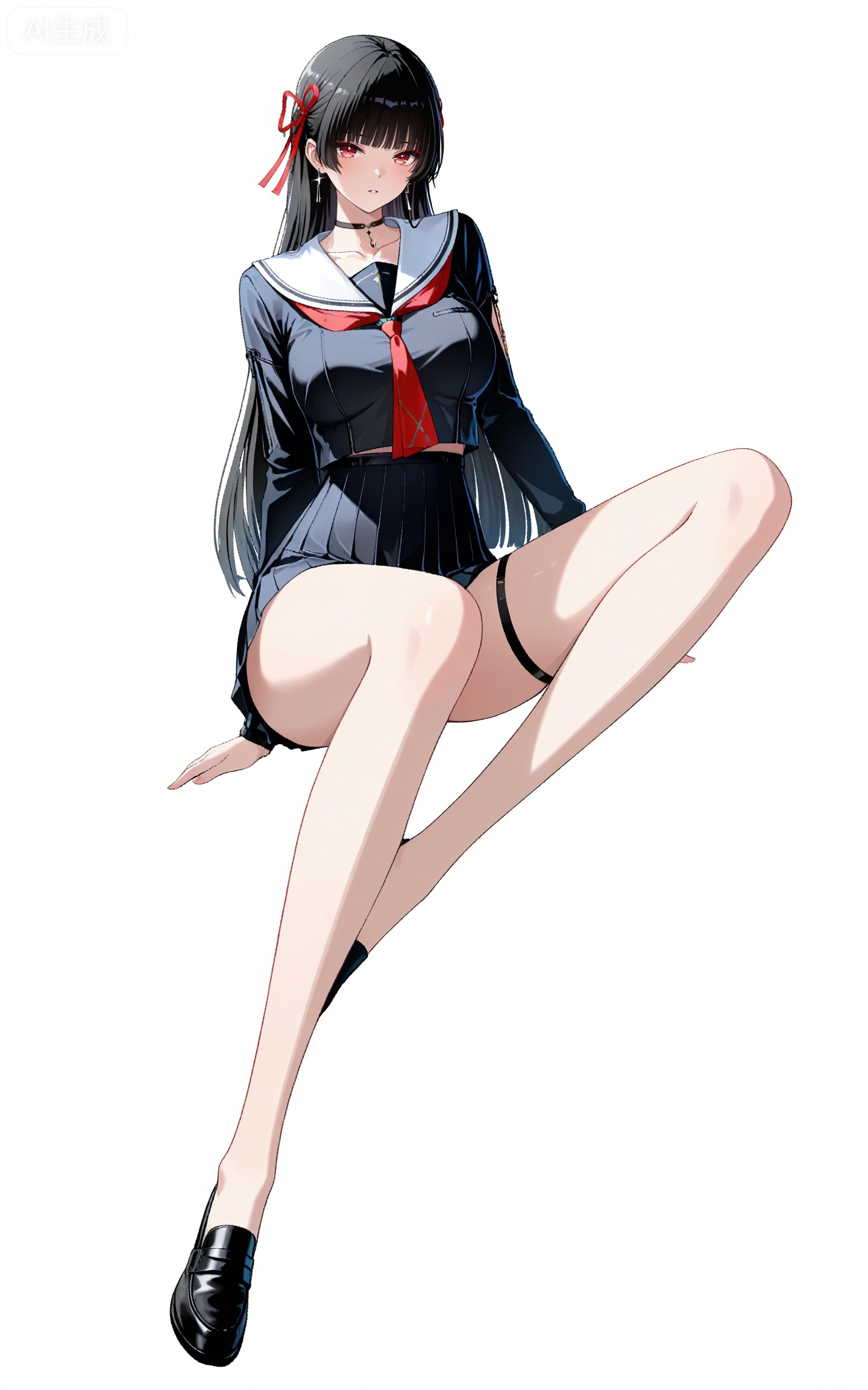 depth of field,masterpiece,best quality,very aesthetic,alternate costume,alternate costume,2024,2023,perfect composition,ultra-detailed,extreme aesthetic,masterpiece,best quality,good quality,newest,year 2024,year 2023,very aesthetic,absurdres,looking_at_viewer,colorful,
qianxiao black jacket, qianxiao black choker, qiaoxiao black serafuku, qianxiao black socks, qianxiao black miniskirt, qianxiao white sailor collar, qianxiao loafers, qianxiao pleated skirt, red neckerchief, red ribbon, white sailor collar, thigh strap, black hair, long hair, red eyes, blunt bangs, hime cut, 1girl, solo, full body, hair ribbon, earrings, looking at viewer, black footwear, jewelry, white background, long sleeves, simple background, neckerchief, parted lips, bare legs, collarbone, breasts,sitting,invisible chair