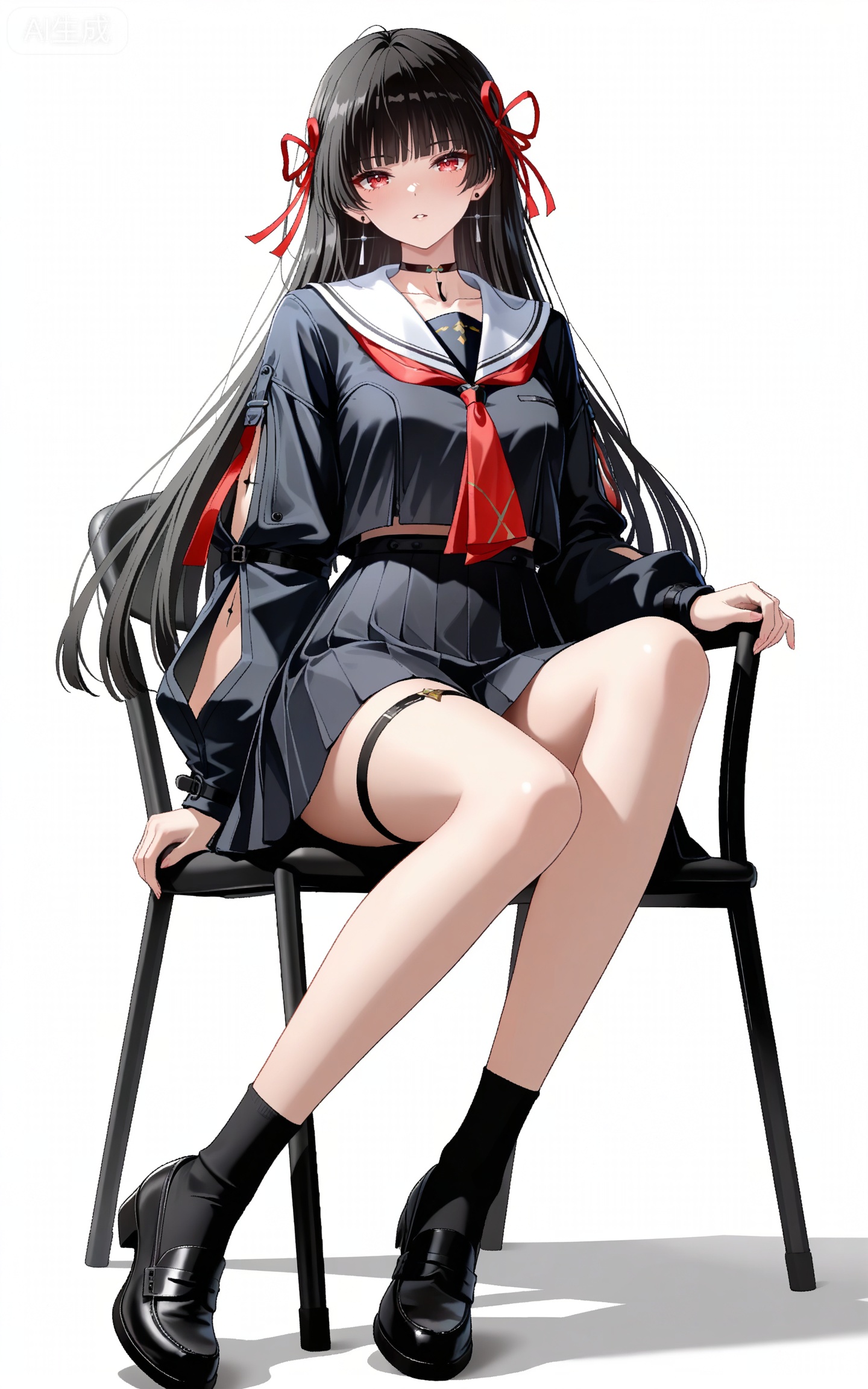 depth of field,masterpiece,best quality,very aesthetic,alternate costume,alternate costume,2024,2023,perfect composition,ultra-detailed,extreme aesthetic,masterpiece,best quality,good quality,newest,year 2024,year 2023,very aesthetic,absurdres,looking_at_viewer,colorful,
qianxiao black jacket, qianxiao black choker, qiaoxiao black serafuku, qianxiao black socks, qianxiao black miniskirt, qianxiao white sailor collar, qianxiao loafers, qianxiao pleated skirt, red neckerchief, red ribbon, white sailor collar, thigh strap, black hair, long hair, red eyes, blunt bangs, hime cut, 1girl, solo, full body, hair ribbon, earrings, looking at viewer, black footwear, jewelry, white background, long sleeves, simple background, neckerchief, parted lips, bare legs, collarbone, breasts,sitting,chair,