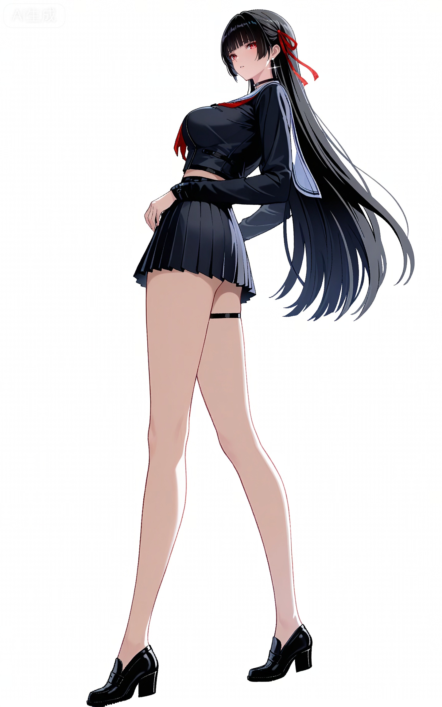 depth of field,masterpiece,best quality,very aesthetic,alternate costume,alternate costume,2024,2023,perfect composition,ultra-detailed,extreme aesthetic,masterpiece,best quality,good quality,newest,year 2024,year 2023,very aesthetic,absurdres,looking_at_viewer,colorful,
qianxiao black jacket, qianxiao black choker, qiaoxiao black serafuku, qianxiao black socks, qianxiao black miniskirt, qianxiao white sailor collar, qianxiao loafers, qianxiao pleated skirt, red neckerchief, red ribbon, white sailor collar, thigh strap, black hair, long hair, red eyes, blunt bangs, hime cut, 1girl, solo, full body, hair ribbon, earrings, looking at viewer, black footwear, jewelry, white background, standing, long sleeves, simple background, neckerchief, parted lips, bare legs, collarbone, breasts