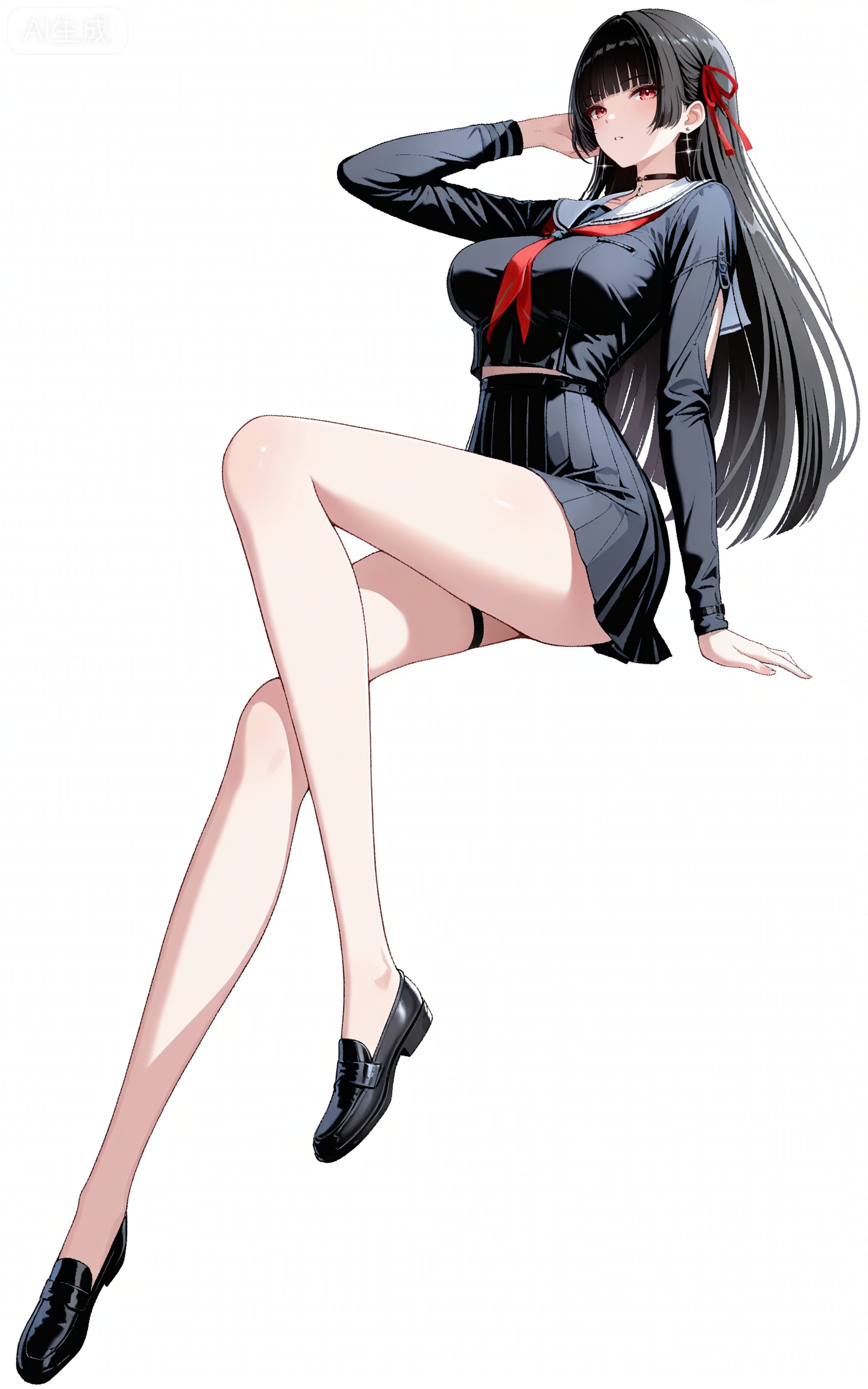 depth of field,masterpiece,best quality,very aesthetic,alternate costume,alternate costume,2024,2023,perfect composition,ultra-detailed,extreme aesthetic,masterpiece,best quality,good quality,newest,year 2024,year 2023,very aesthetic,absurdres,looking_at_viewer,colorful,
qianxiao black jacket, qianxiao black choker, qiaoxiao black serafuku, qianxiao black socks, qianxiao black miniskirt, qianxiao white sailor collar, qianxiao loafers, qianxiao pleated skirt, red neckerchief, red ribbon, white sailor collar, thigh strap, black hair, long hair, red eyes, blunt bangs, hime cut, 1girl, solo, full body, hair ribbon, earrings, looking at viewer, black footwear, jewelry, white background, long sleeves, simple background, neckerchief, parted lips, bare legs, collarbone, breasts,sitting,invisible chair